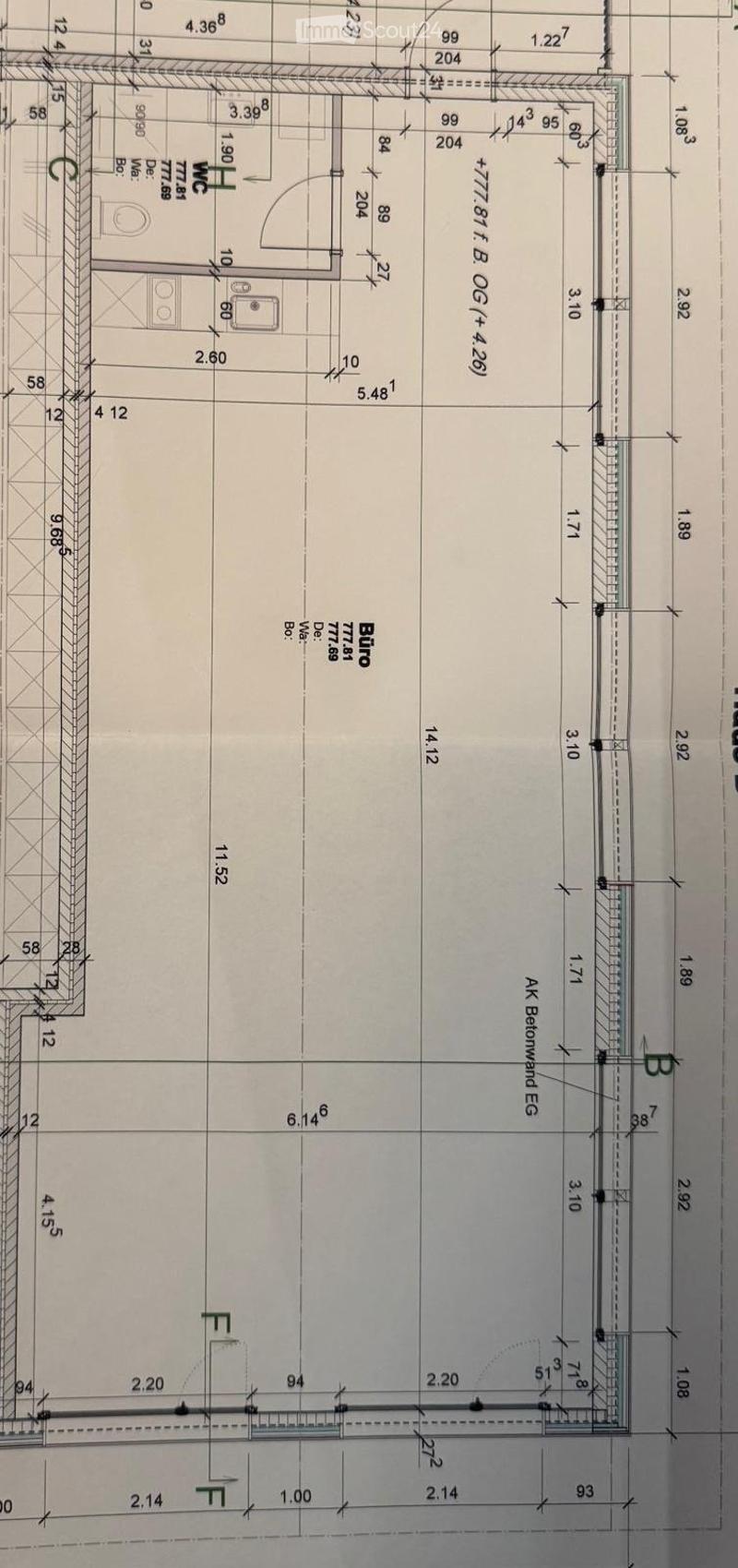 Floor plan of a residential unit showing a kitchen, living room, bedroom, and bathroom with dimensions and labels.