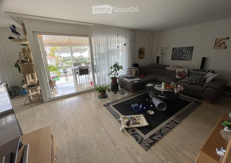 Modern living room with large sliding glass doors leading to a balcony, a grey sectional sofa, a black coffee table, a cat tree, and several potted plants.