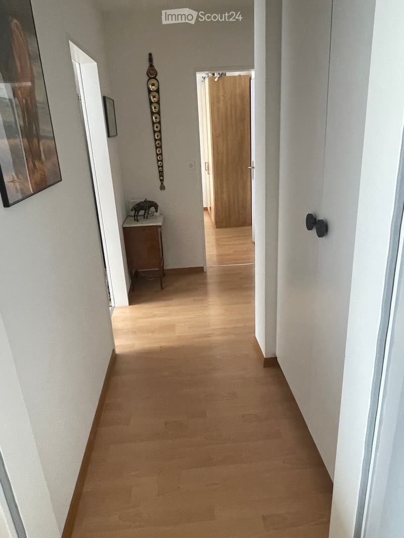 A long, narrow hallway with light wooden flooring and white walls. A small table with a decorative item sits against one wall, and a tall decorative piece hangs on the opposite wall. A doorway leads to another room at the end of the hallway.