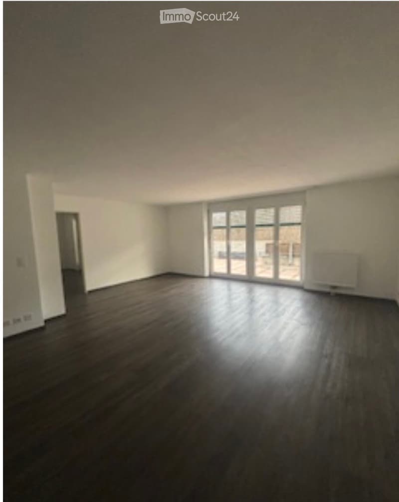 Empty room with wooden flooring, white walls, large windows, and a radiator on one wall.