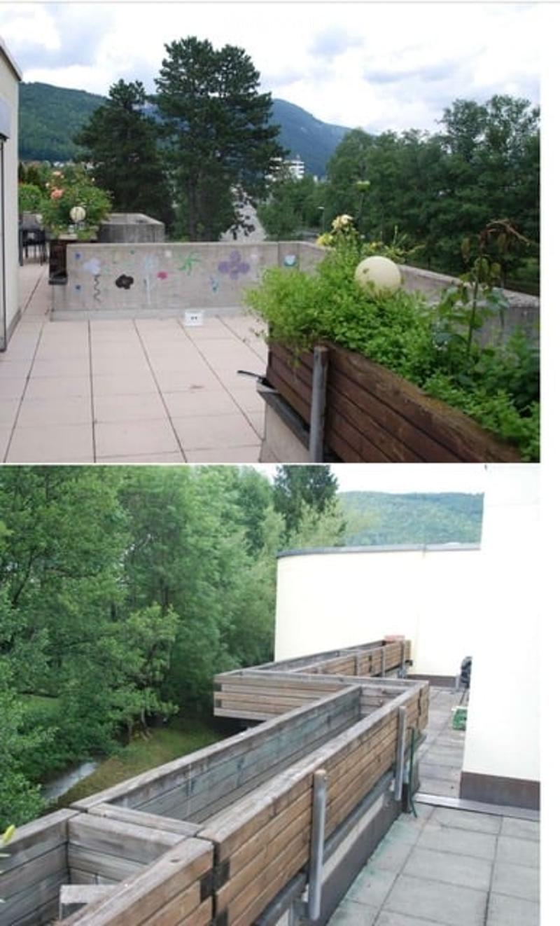 Two outdoor spaces: a rooftop terrace with tiled flooring, a raised garden bed, and a view of trees and mountains; a lower garden area with wooden raised beds and a view of greenery.