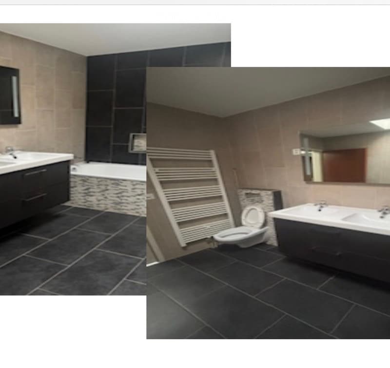 Two bathrooms with dark tiled floors, modern fixtures, and a radiator in one room.