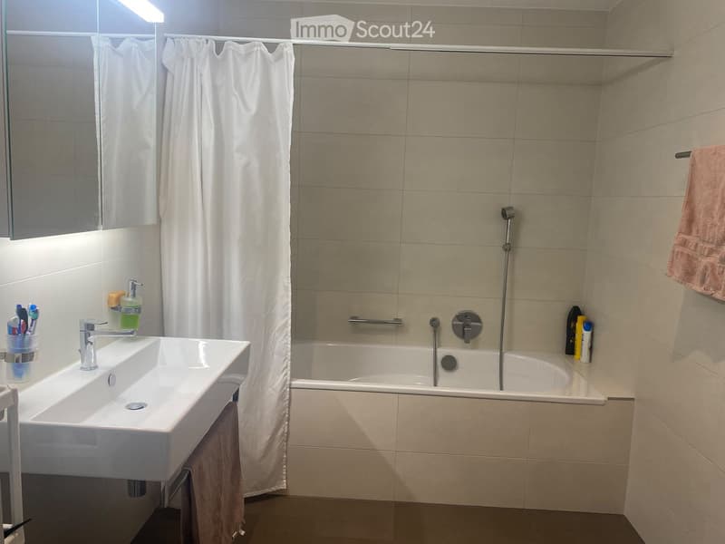 Modern bathroom with a white sink, bathtub, and shower curtain. Includes a towel, toothbrush holder, and soap dispenser.