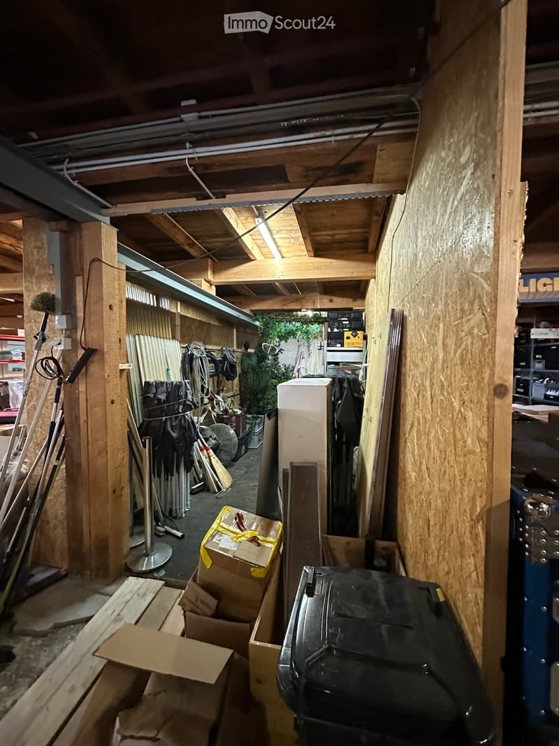 The image shows a cluttered storage or utility room with exposed wooden beams and walls. Visible items include a refrigerator, a fan, several cardboard boxes, cleaning tools, a small plant, and shelves with various stored items.
