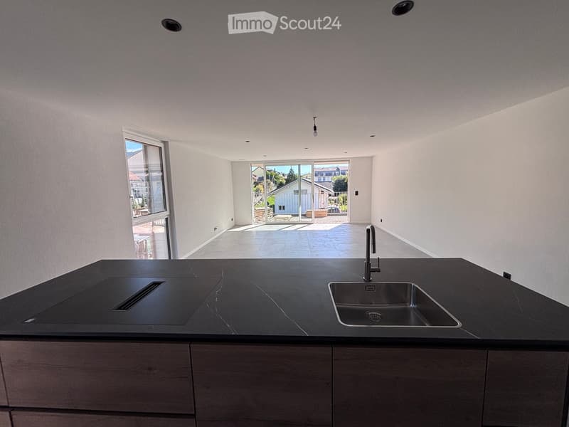 Modern kitchen with a black countertop, stainless steel sink, and wooden cabinets. Large windows and sliding glass doors lead to an outdoor area.