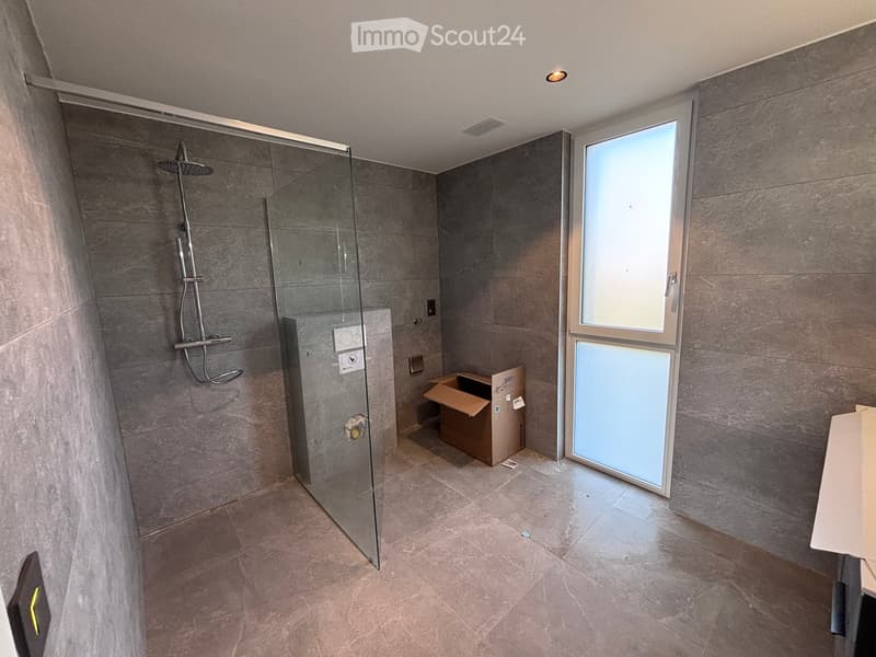 Modern bathroom with grey tiled walls and floor, glass-enclosed shower area, and a window providing natural light.