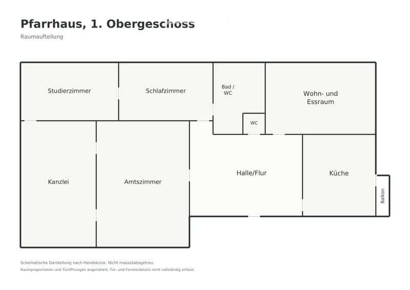 Floor plan of Pfarrhaus, 1st upper floor, showing rooms including study room, bedroom, bathroom/WC, living and dining room, hallway, kitchen, office, and balcony.