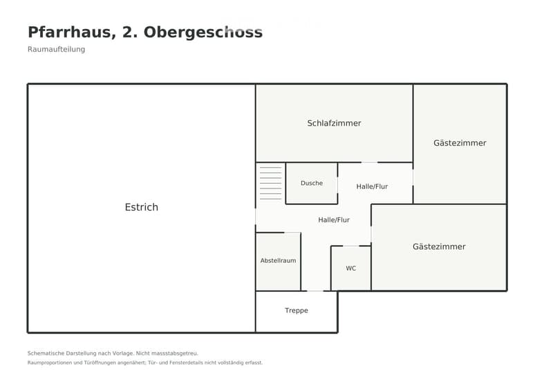 Floor plan of Pfarrhaus, 2nd upper floor, showing layout with bedroom, guest room, hallway, bathroom, storage room, and staircase.
