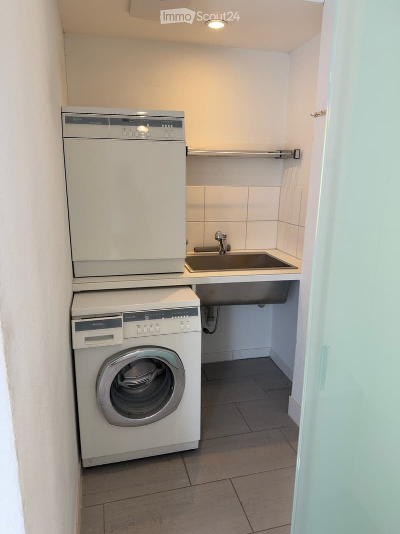 Compact utility room with a washing machine, dishwasher, and a sink, featuring tiled walls and a tiled floor.