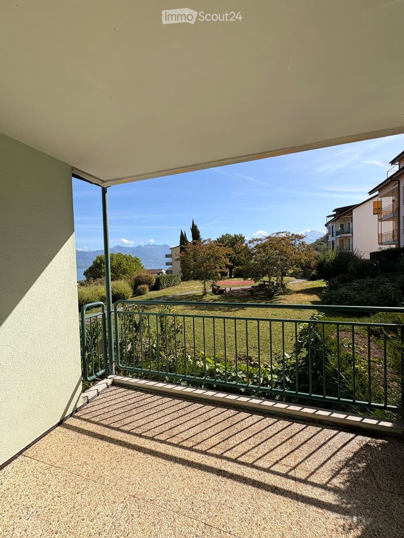 Balcony with a green metal railing, overlooking a scenic view of a park, trees, and distant mountains under a clear blue sky.