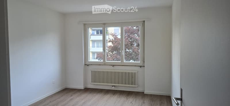 Empty room with wooden flooring, white walls, a window with white frame, and a radiator below the window.