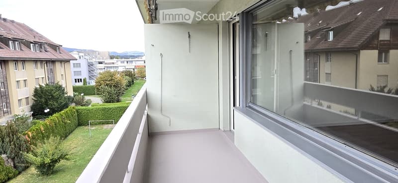 Balcony with modern glass railing, overlooking a landscaped garden and neighboring buildings.