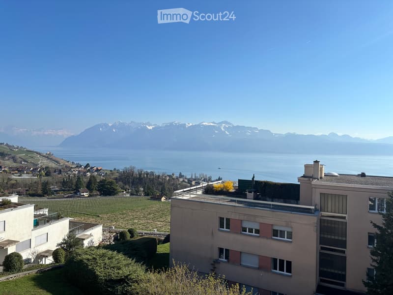 View of a residential building with a scenic backdrop of mountains and a lake.