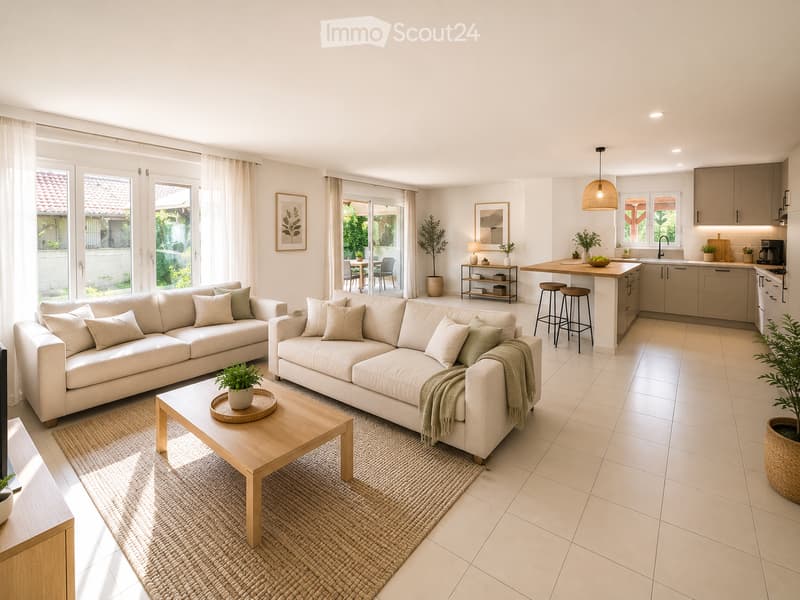 Bright, open-plan living and dining area with a modern kitchen. Features include two large sofas, a wooden coffee table, a kitchen island with bar stools, and large windows with sheer curtains.