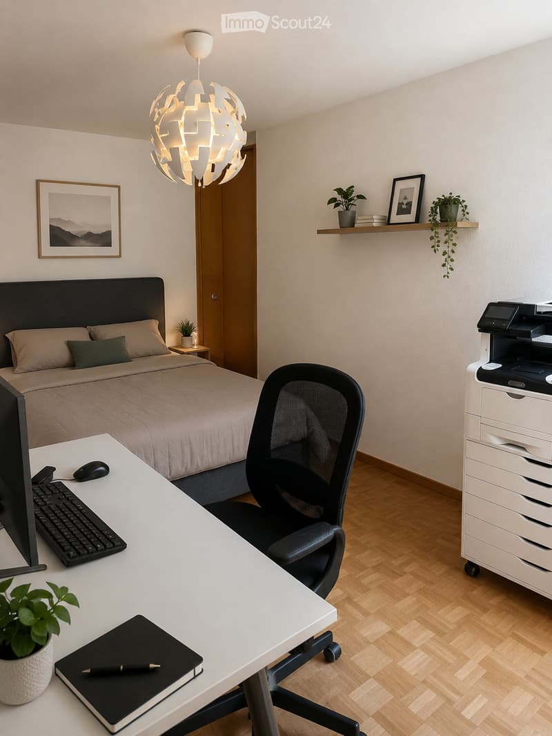 Modern bedroom with a desk area, featuring a bed, desk with computer setup, ergonomic chair, printer, and decorative plants.