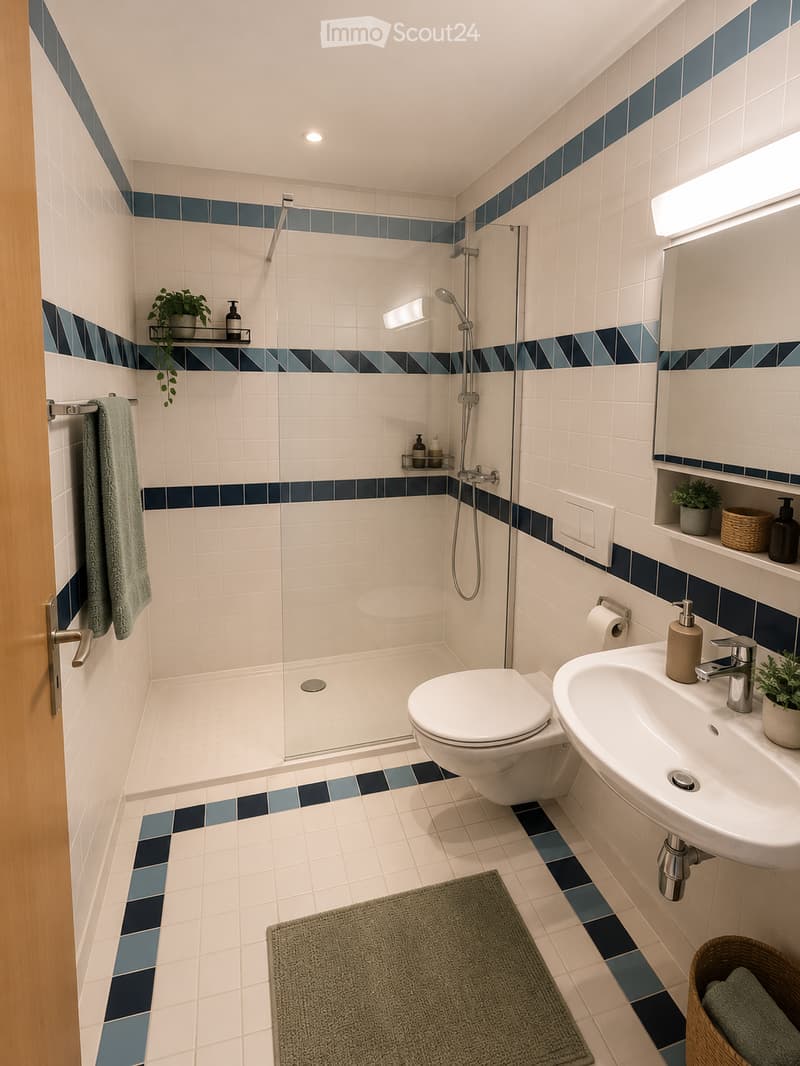 Modern bathroom with white tiles, blue accents, a toilet, sink, shower, towel, and small plants on shelves.