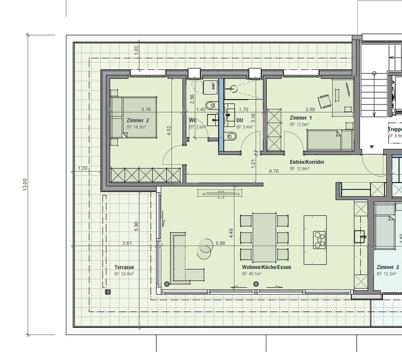Floor plan showing a living area, kitchen/dining area, two bedrooms, bathroom, entrance/corridor, and a terrace.