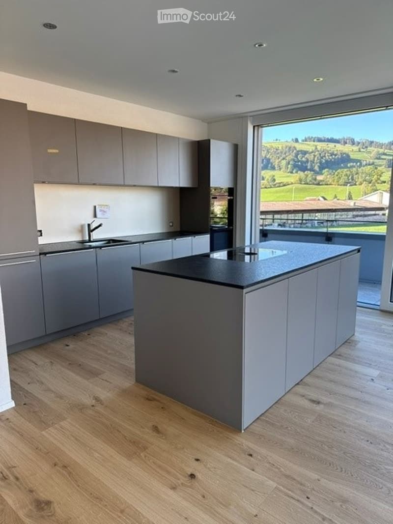 Modern kitchen with grey cabinets, a central island, and a large window offering a scenic view of green fields.
