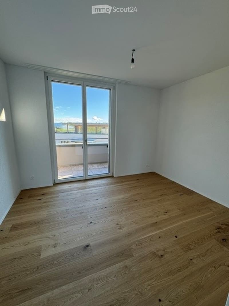Empty room with wooden flooring, large sliding glass door leading to a balcony, white walls, and a single ceiling light fixture.