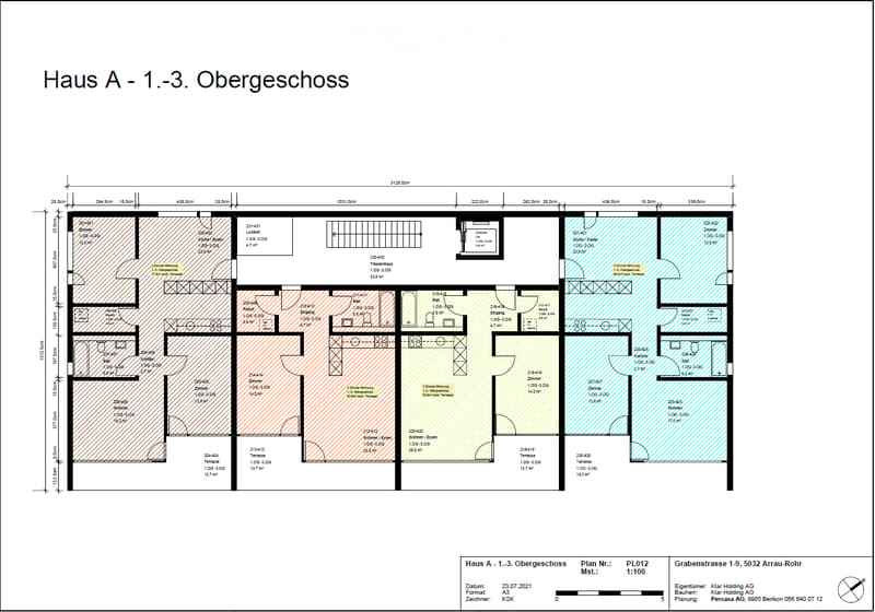 Floor plan of Haus A - 1.-3. Obergeschoss showing multiple rooms including living spaces, bedrooms, bathrooms, and terraces.