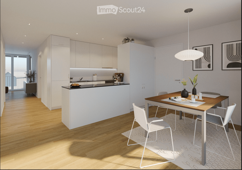 Modern kitchen and dining area with white cabinets, a central island, a dining table with chairs, and a pendant light. The space features wooden flooring and large windows with a balcony view.