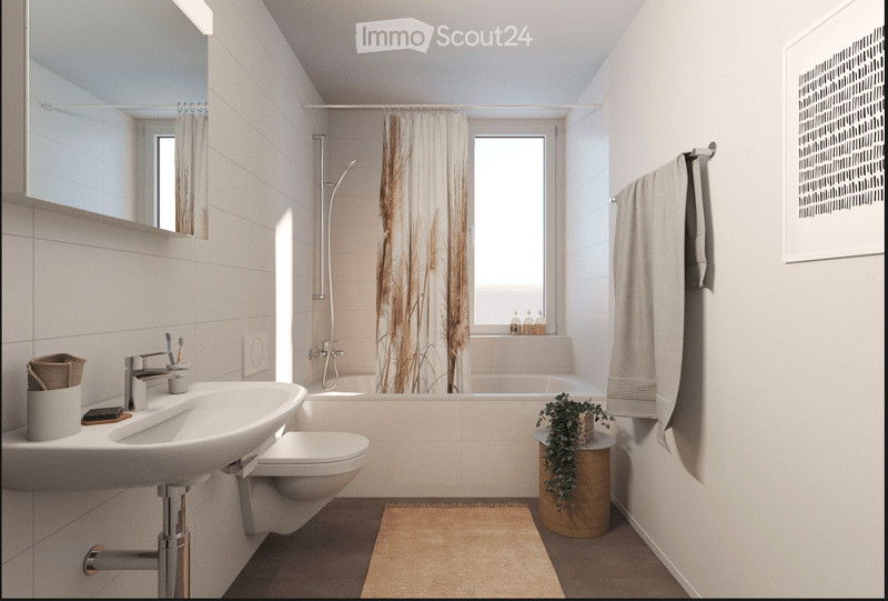 Modern bathroom with a white sink, chrome faucet, toilet, bathtub, shower curtain, mirror, towel, and small plant on a side table.