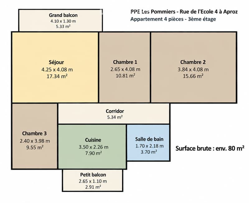 Floor plan of a 4-piece apartment on the 3rd floor, including a living room, three bedrooms, a kitchen, a bathroom, a corridor, and two balconies.