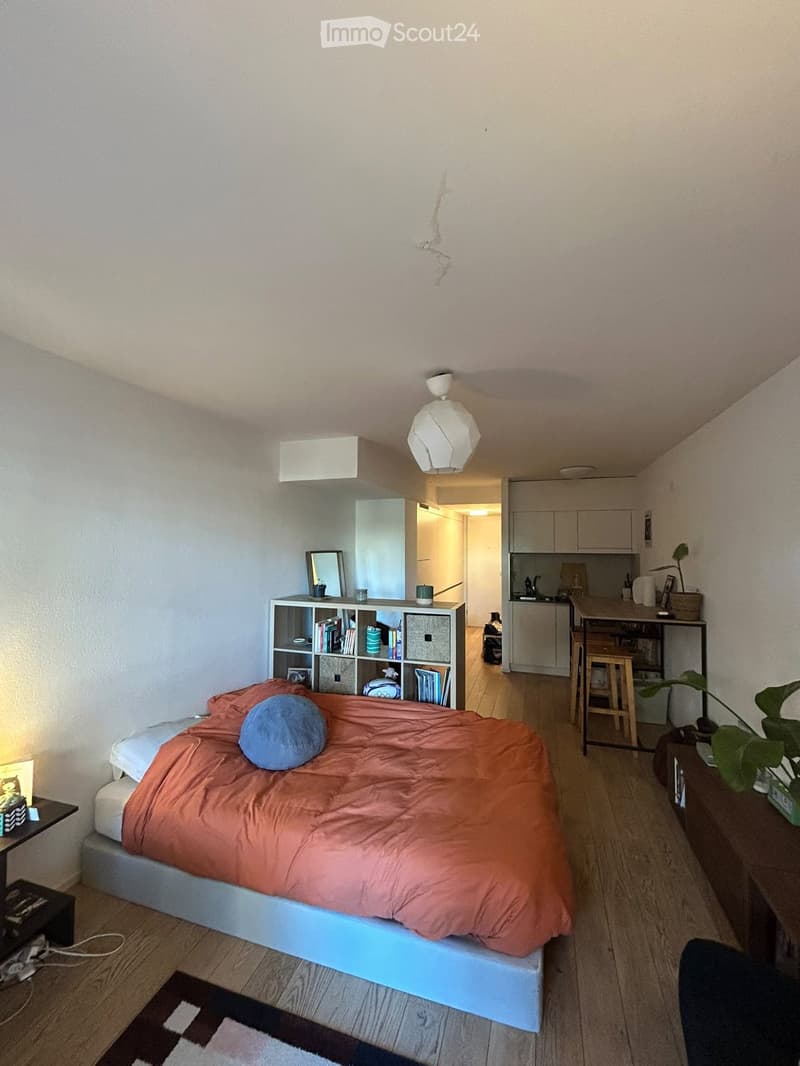A cozy studio apartment with a bed, nightstand, bookshelf, small kitchen area, and a stool near the kitchen counter.