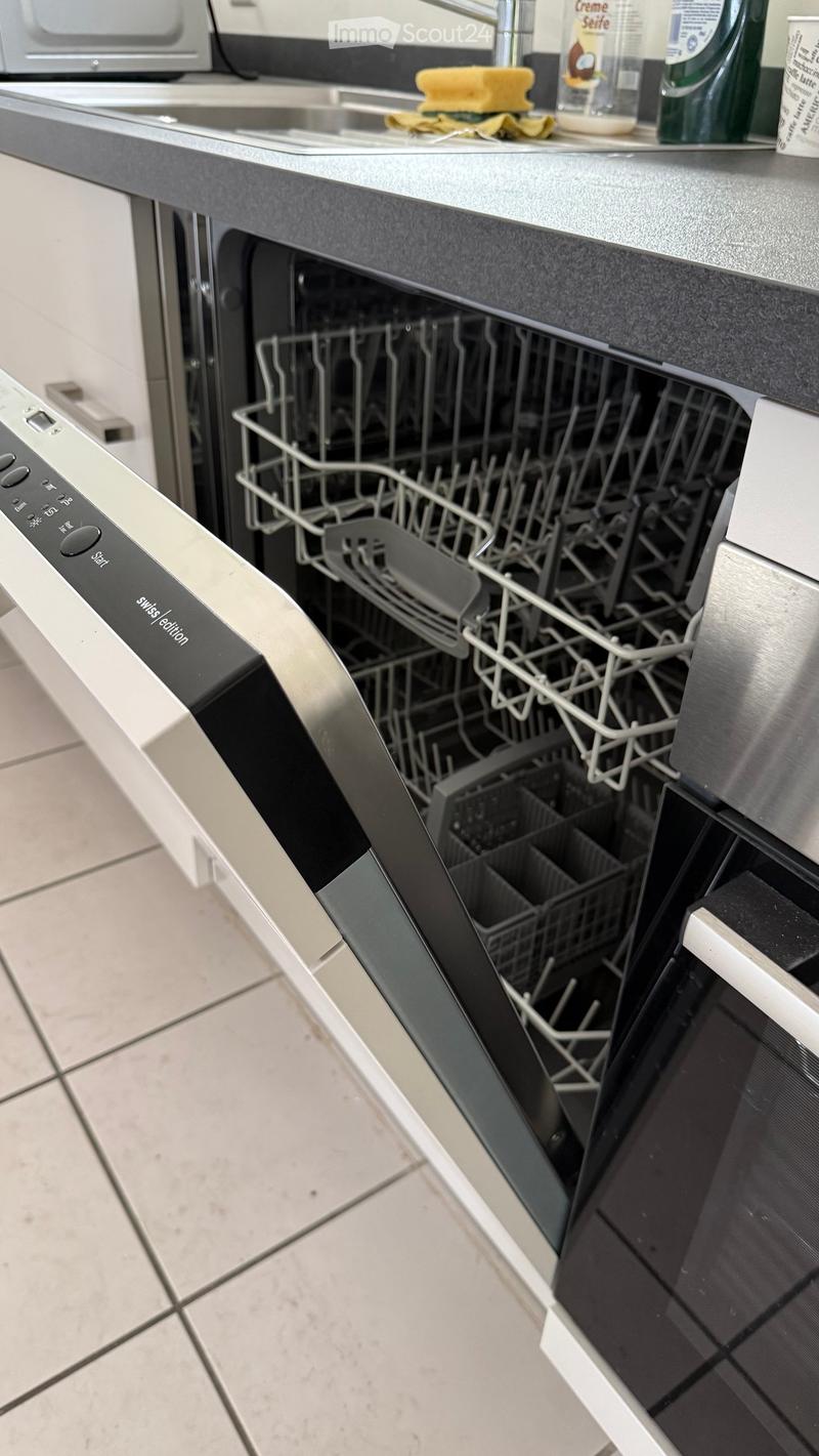 Modern kitchen with a stainless steel dishwasher, open racks, and a countertop with cleaning supplies.