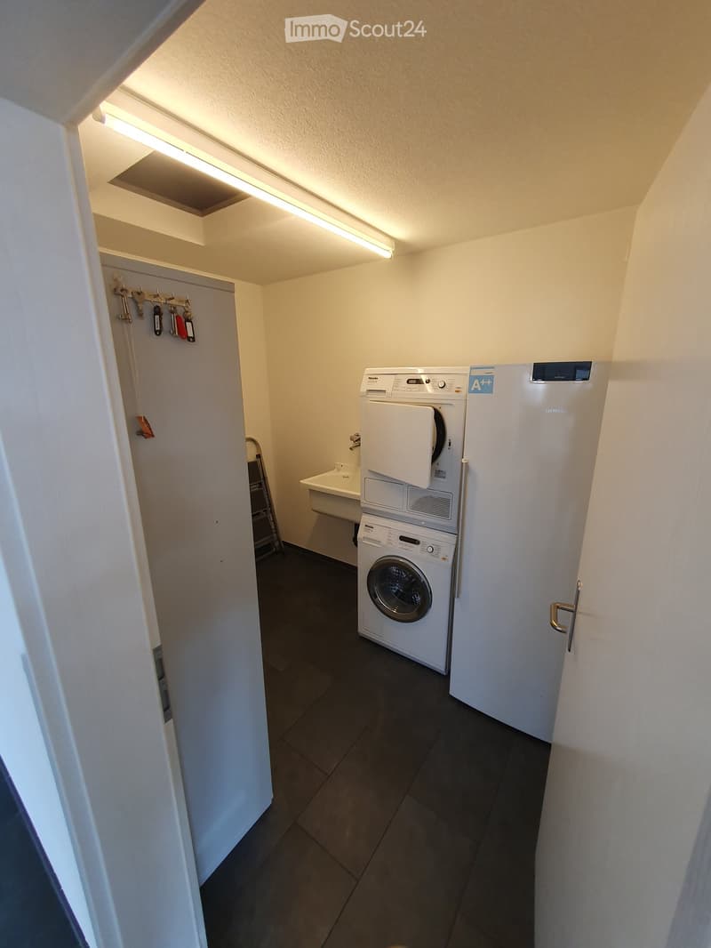 A small, well-lit room with a washing machine, dishwasher, and sink, featuring white walls and dark tiled flooring.
