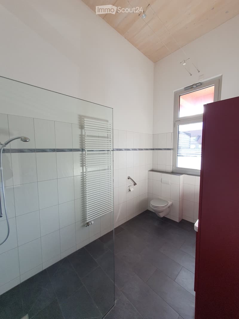Modern bathroom with white tiles, dark grey floor, shower area with glass enclosure, toilet, radiator, and built-in cabinet.