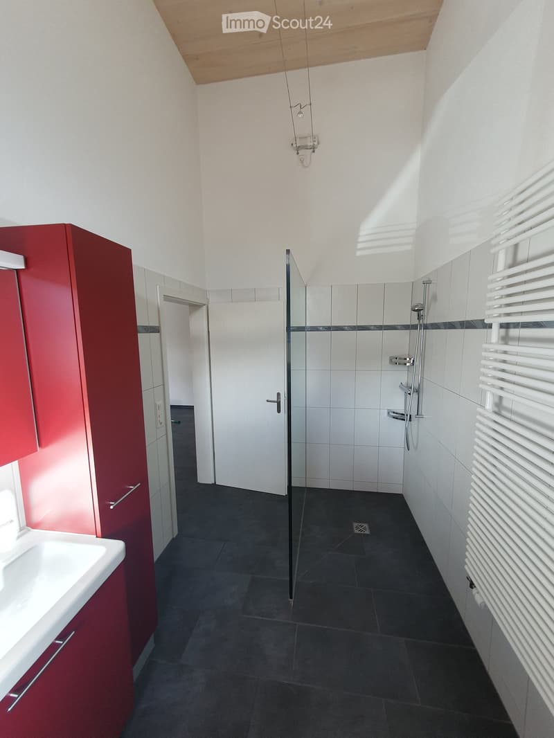 Modern bathroom with dark tiled floor, white tiled walls, red cabinetry, glass shower enclosure, and a white radiator.