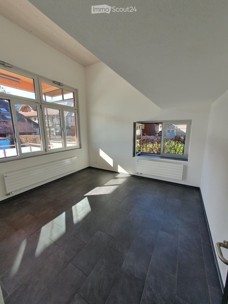 Empty room with dark tiled floor, white walls, large windows, radiators, and a slanted ceiling.