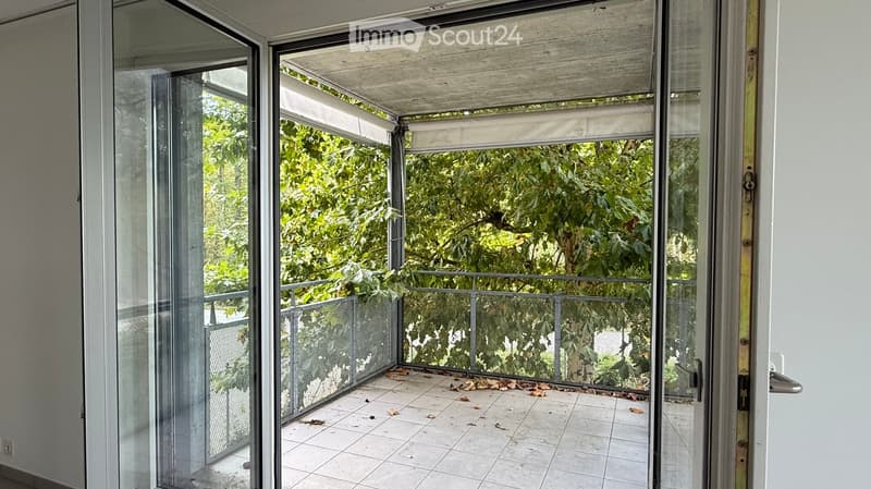 A covered balcony with glass walls and a metal railing, overlooking a lush green garden.