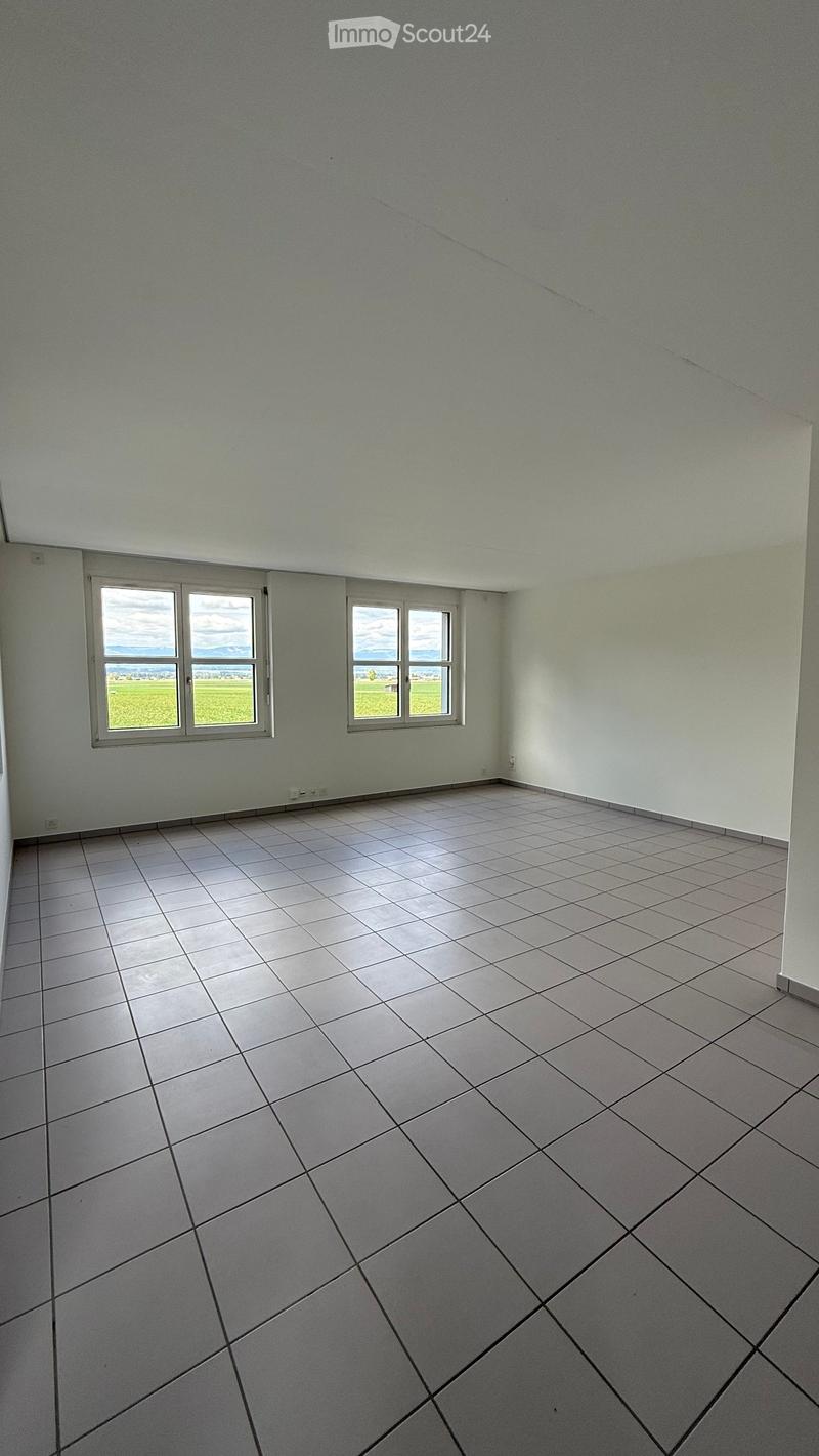 Empty room with light grey walls, tiled floor, and two windows offering a view of a green field.