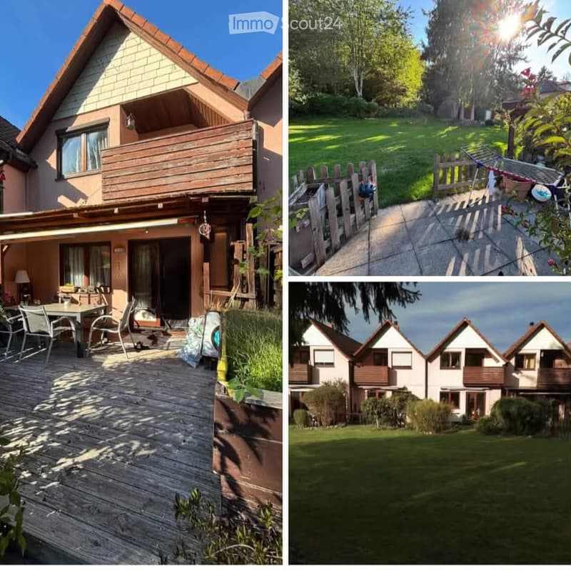 Four images showing a two-story house with a wooden balcony, a garden with a wooden fence, a patio with outdoor furniture, and a row of similar houses in a residential area.