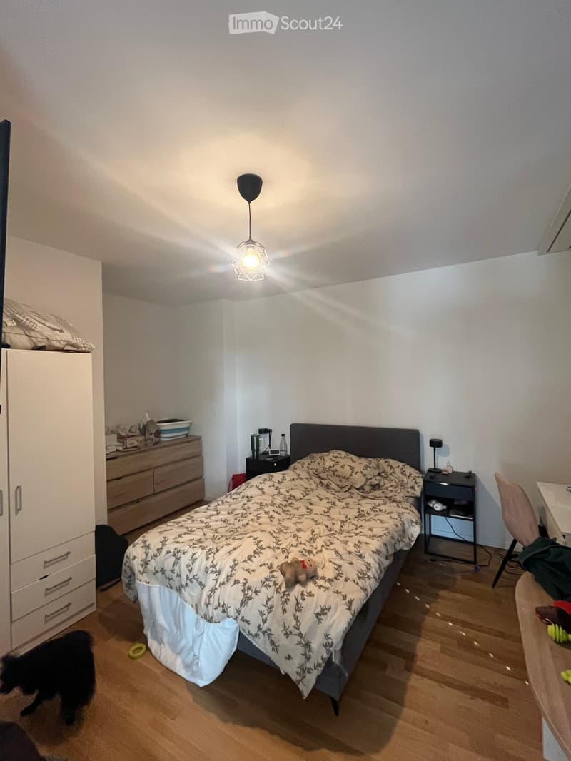 A cozy bedroom with a double bed, bedside tables, a wardrobe, and a hanging lamp. The bed is covered with a patterned duvet and has a stuffed animal on it. A small dog is visible near the wardrobe.