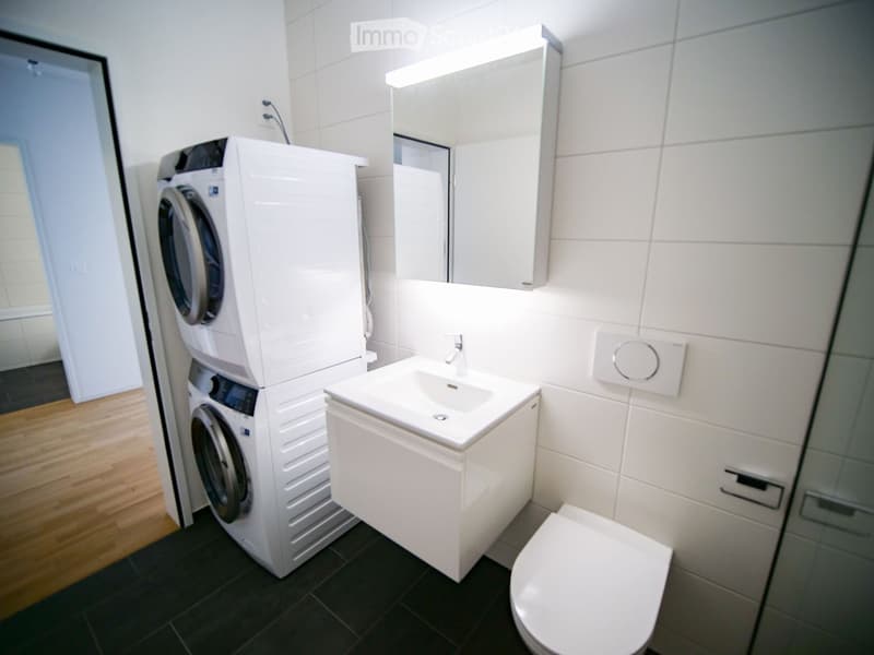 Modern bathroom with white tiles, a sink, toilet, washing machine, and a mirror above the sink.