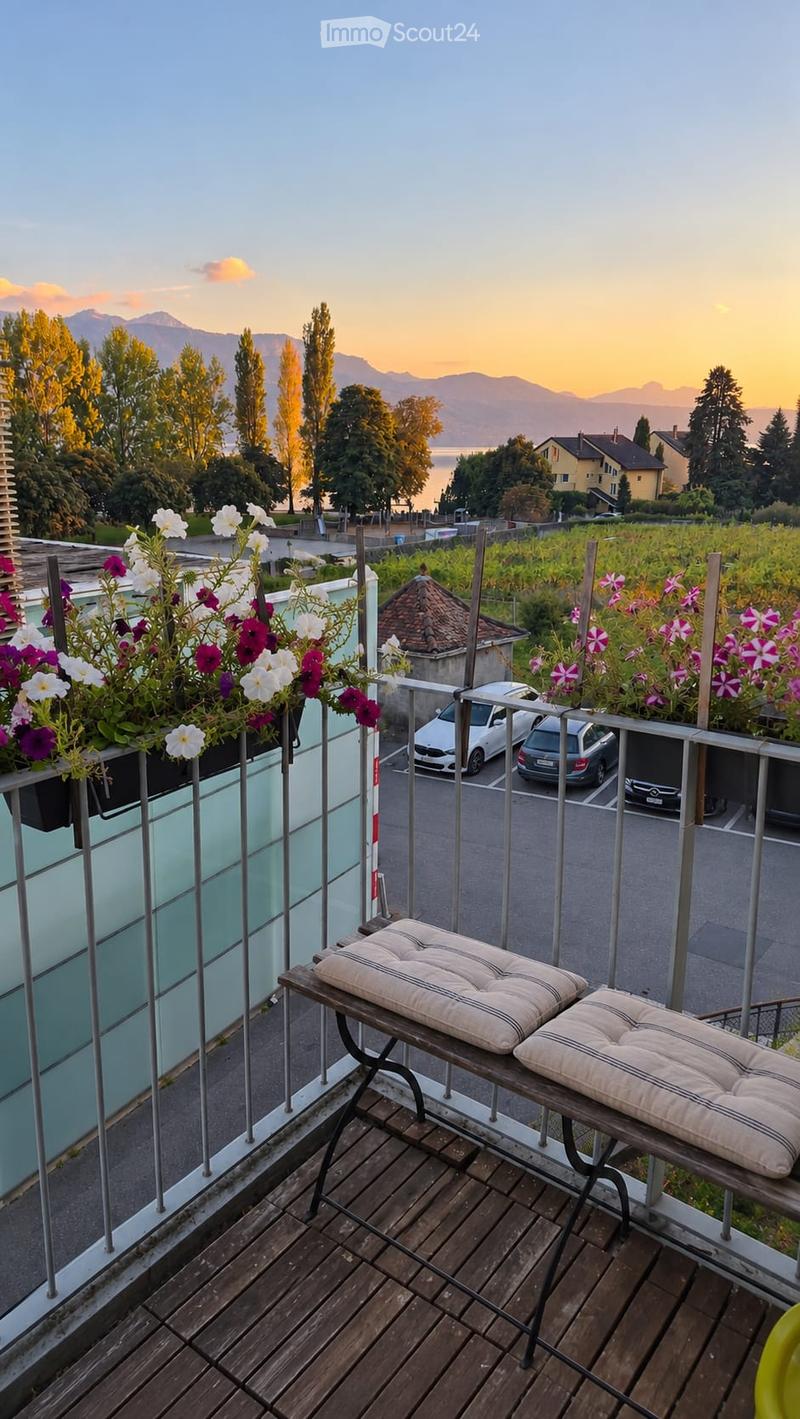 Balcony with wooden decking, bench with cushions, and scenic mountain and lake view.