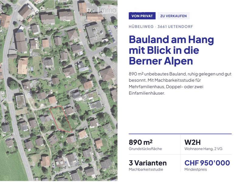 Aerial view of a residential area showing multiple houses, roads, and green spaces. A highlighted plot of land is marked in red, indicating a potential building site.
