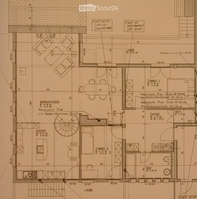Floor plan of a house with labeled rooms including living/dining area, kitchen, two bedrooms, bathroom, entrance, and hallway.