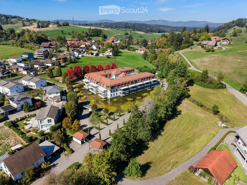 Aerial view of a residential area with multiple houses, a pond, and surrounding greenery.