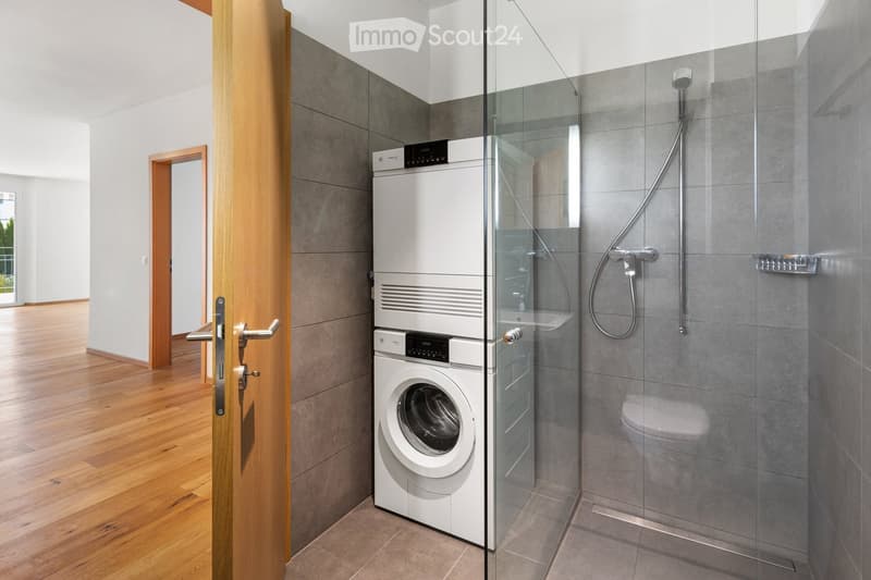 Modern bathroom with a glass-enclosed shower, a toilet, and a stacked washing machine and dryer unit.
