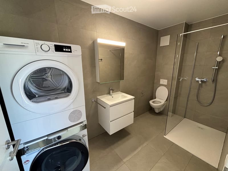 Modern bathroom with a washing machine and dryer unit, a sink with a mirror, a toilet, and a glass-enclosed shower area.