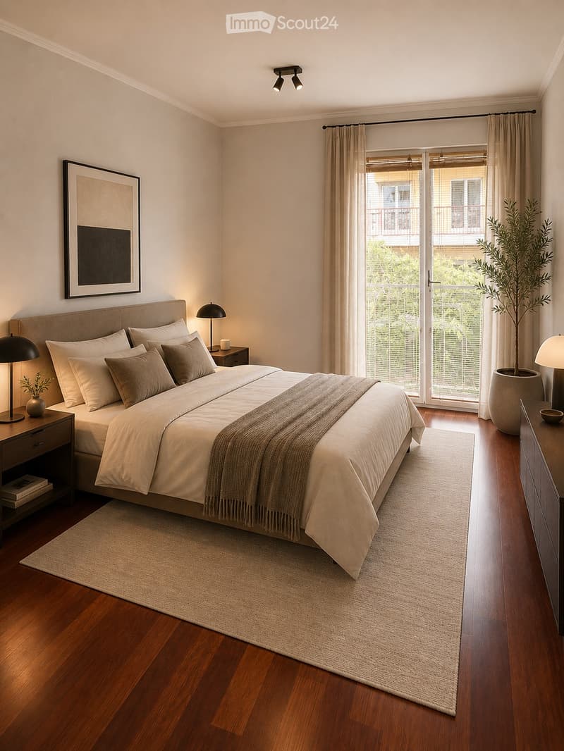 Modern bedroom with a large bed, nightstands, lamps, a picture frame on the wall, and a view of a balcony through large windows.