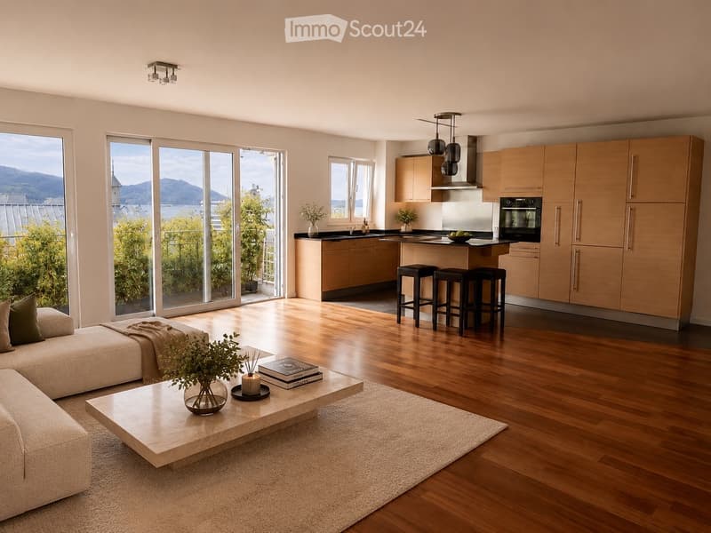 Open-plan living and dining area with a modern kitchen, large windows offering a scenic view, a sofa, coffee table, and bar stools.