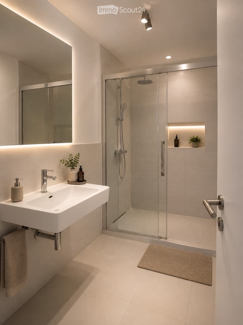 Modern bathroom with a white sink, chrome faucet, glass-enclosed shower, built-in shelf with plants and bottles, and a towel on the floor.