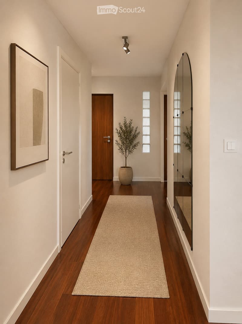 Modern hallway with wooden flooring, beige walls, a large mirror, a potted plant, and a small rug. Features recessed lighting and several doors.