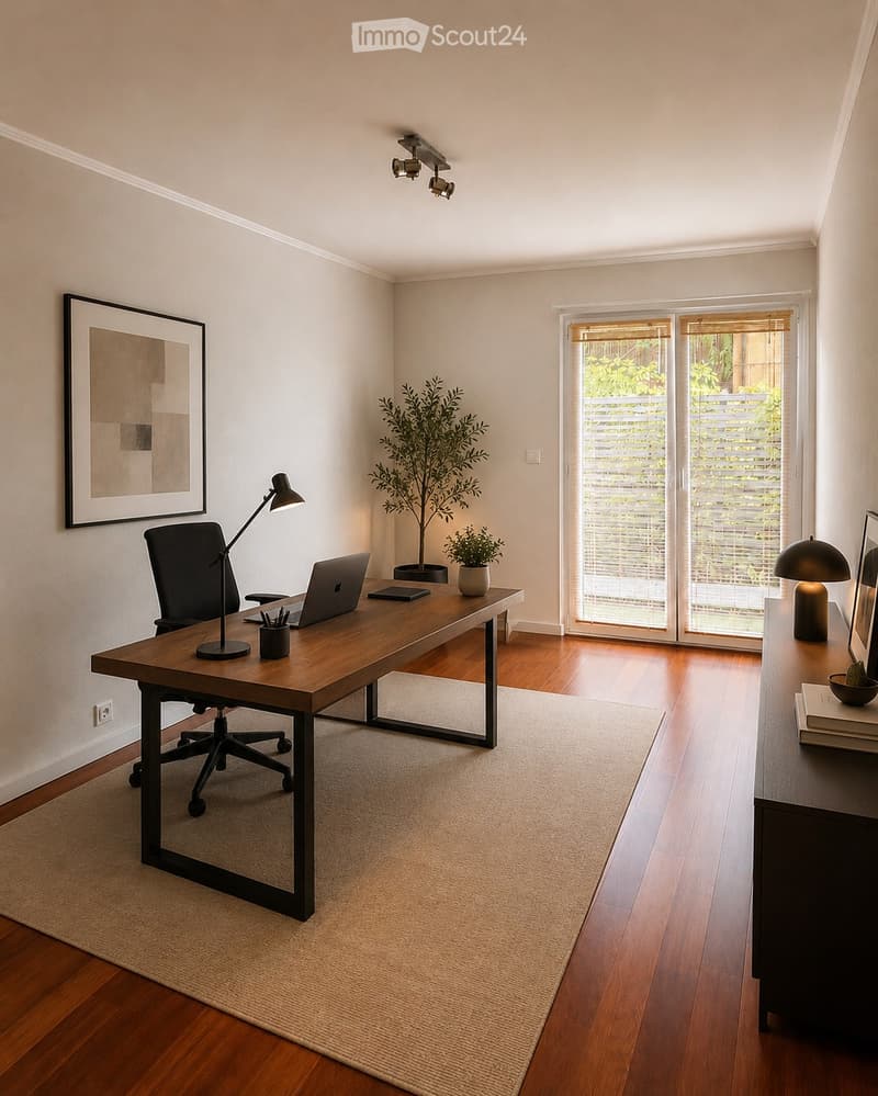 Modern, well-lit home office with a wooden desk, ergonomic chair, laptop, desk lamp, potted plants, and artwork on the walls. Large sliding glass doors lead to an outdoor area.