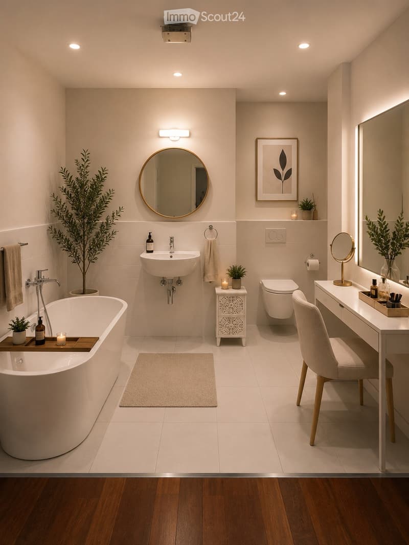 Modern bathroom with a freestanding bathtub, sink, toilet, vanity with a chair, large mirror, and decorative plants.